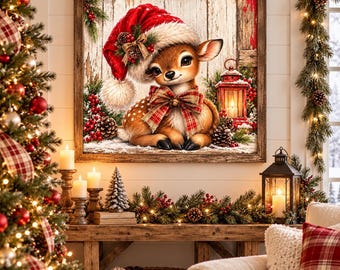 Christmas Baby Deer Wall Art, Cute Fawn in Santa Hat Print, Rustic Farmhouse Christmas Decor, Woodland Nursery Holiday Wall Art