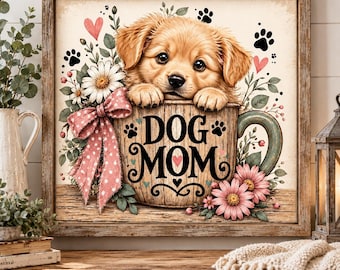 Dog Mom Wall Art Print, Cute Golden Retriever Puppy Decor, Rustic Farmhouse Dog Lover Gift, Pink Floral Pet Mom Wall Art