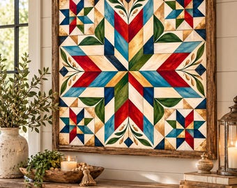 Colorful Barn Quilt Wall Art Print, Modern Farmhouse Geometric Star Decor, Floral Quilt Pattern, Country Cottage Square Wall Art