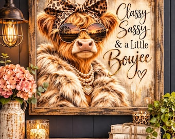 Classy Sassy & a Little Boujee Highland Cow Wall Art, Funny Cow Bathroom Decor, Leopard Print Farmhouse Art, Girly Western Wall Decor