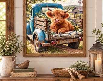 Highland Cow Wall Art, Vintage Blue Truck Print, Rustic Farmhouse Decor, Cute Baby Cow Poster, Country Cottage Wall Art, Cow Lover Gift