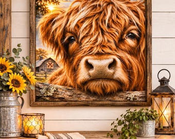 Highland Cow Wall Art, Rustic Farmhouse Decor, Shaggy Cow Print, Country Barn Sunset Artwork, Farm Animal Wall Decor, Western Home Decor