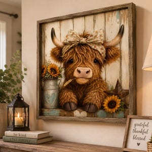 Op de afbeelding: Een vierkant wandkunstwerk met een pluizige bruine Schotse hooglander met een strik met patroon tussen de hoorns, die een graanhalm in de mond houdt. De koe staat tegen een rustieke witte houten achtergrond met zonnebloemen en een metalen ster.