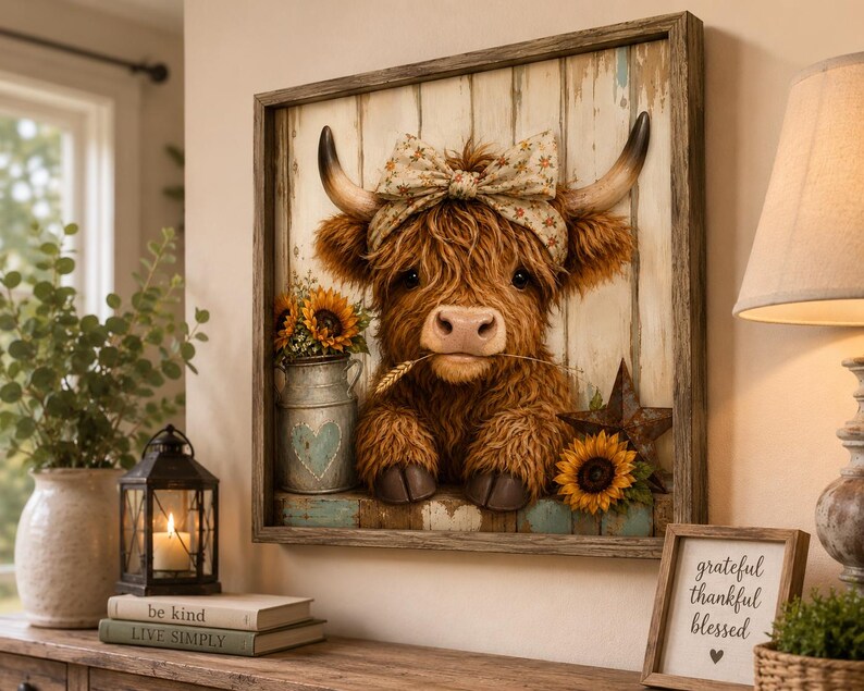 Op de afbeelding: Een vierkant wandkunstwerk met een pluizige bruine Schotse hooglander met een strik met patroon tussen de hoorns, die een graanhalm in de mond houdt. De koe staat tegen een rustieke witte houten achtergrond met zonnebloemen en een metalen ster.