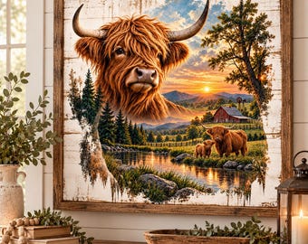 Highland Cow Wall Art Print, Rustic Farmhouse Cow Decor, Country Sunset Landscape, Highland Cattle and Calf, Square Wall Art