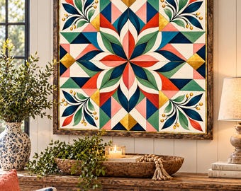 Colorful Barn Quilt Wall Art Print, Floral Geometric Star Decor, Modern Farmhouse Wall Art, Cottage Style Square Print