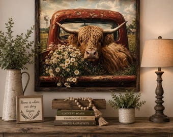 Highland Cow Wall Art, Rustic Farmhouse Cow Decor, Vintage Red Truck Wall Art, Country Farmhouse Wall Decor, Cow Lover Gift