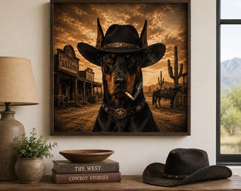 Doberman Cowboy Wall Art, Western Dog Decor, Funny Doberman Print, Rustic Cowboy Dog Poster, Wild West Saloon Art, Western Home Decor