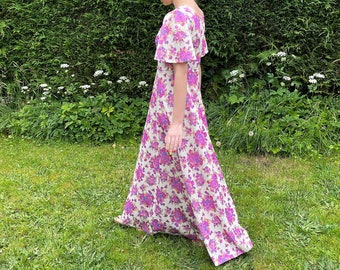 1970s Bold Floral Long Boho Dress