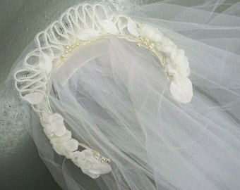 Vintage 1970s Double Layer Wedding headdress and veil - 8ft long
