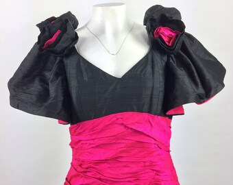 Tailormade 1980s Raw Silk Party Occasion Dress in Black and Cerise Pink .