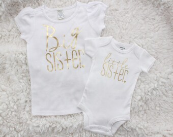 Metallic gold "Big Sister" and "little sister" matching set | big little set | big sister announcement | baby sister | gold baby girl |