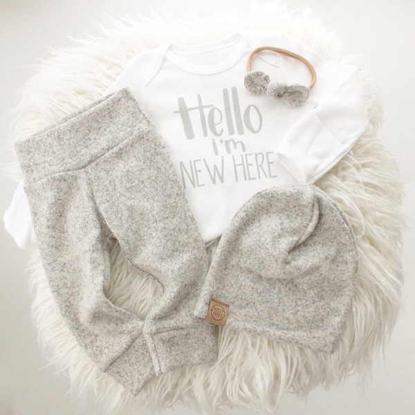 Brushed Grey 4 piece "hello I'm new here" outfit | neutral baby outfit | bringing home baby outfit | baby boy | baby girl | grey baby