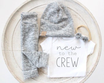 Cozy Grey new to the crew newborn outfit | gender surprise outfit | neutral baby outfit | bringing home baby outfit | cute baby new outfit