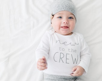 Cozy Grey new to the crew newborn outfit | gender surprise outfit | neutral baby outfit | bringing home baby outfit | cute baby new outfit