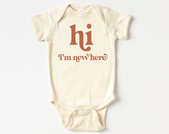 Burnt orange and natural retro baby "hi i'm new here" bodysuit | neutral baby outfit | bringing home baby outfit | rust newborn