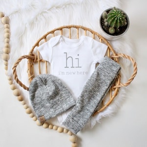 Brushed Grey 4 piece hi i'm new here outfit neutral baby outfit bringing home baby outfit baby boy baby girl grey baby image 1