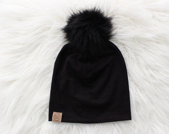 Black beanie with fur pom | sizes NB to Adult | fall hat | infant pom hat | newborn pom hat | toddler pom hat | fall beanie
