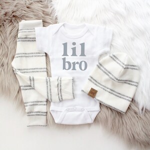 neural grey and white little brother newborn outfit. Soft and cozy little brother newborn outfit with hat, bodysuit and leggings. Handmade newborn baby boy outfit