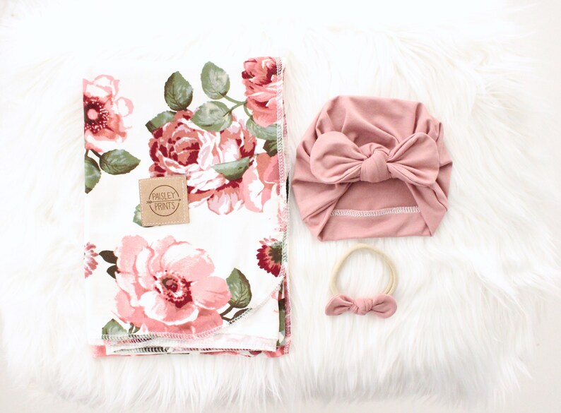Floral Swaddle and Turban Set Baby Turban Hat Mauve Turban Etsy