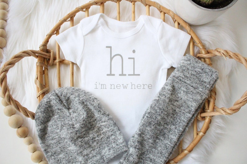 Brushed Grey 4 piece hi i'm new here outfit neutral baby outfit bringing home baby outfit baby boy baby girl grey baby image 4