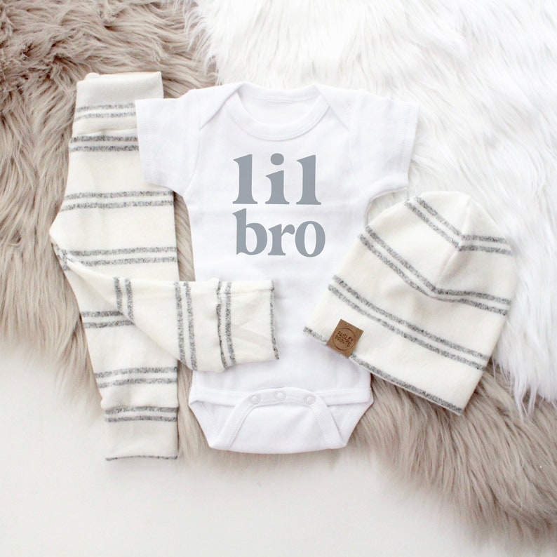 neural grey and white little brother newborn outfit. Soft and cozy little brother newborn outfit with hat, bodysuit and leggings. Handmade newborn baby boy outfit