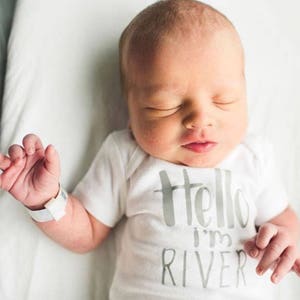 Light grey custom name reveal bodysuit | custom baby bodysuit | hello my name is | baby bodysuit | neutral baby clothes | unisex baby