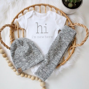 Brushed Grey 4 piece hi i'm new here outfit neutral baby outfit bringing home baby outfit baby boy baby girl grey baby image 2