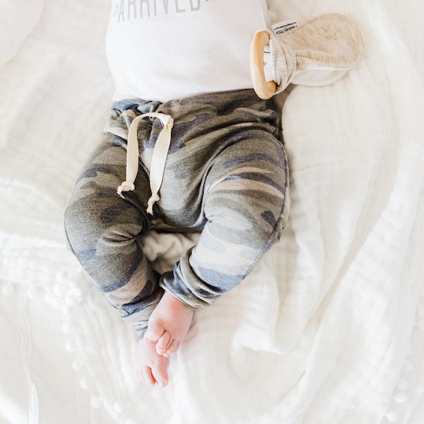 Weathered camo and grey jogger baby leggings | baby leggings | baby joggers | heather baby leggings | gray baby | hipster boy