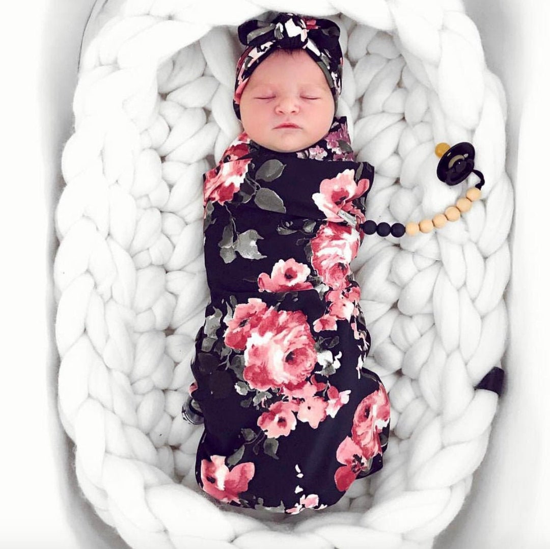 Baby Girl Swaddle and Turban Set Black Floral Swaddle Etsy