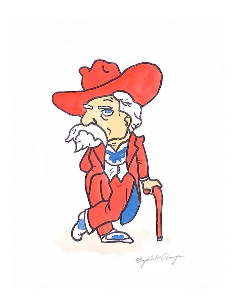 May include: A cartoon illustration of a man wearing a red cowboy hat, red suit, and blue shoes. He is holding a cane and has a white beard and mustache. The illustration is signed "Elizabeth Fry" in the bottom right corner.
