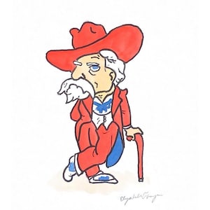 May include: A cartoon illustration of a man wearing a red cowboy hat, red suit, and blue shoes. He is holding a cane and has a white beard and mustache. The illustration is signed "Elizabeth Fry" in the bottom right corner.