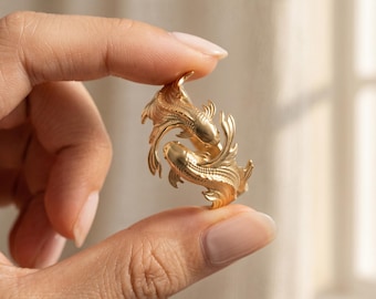 Anillo Yin Yang Piscis chapado en oro, anillo talismán de buena suerte con doble pez koi, anillo de equilibrio de estilo chinoiserie moderno, regalo zen para ella y para él.