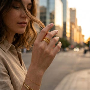 Puede incluir: Un anillo de oro con una serie de cortes verticales alrededor de la banda, usado en el dedo anular. El anillo tiene un acabado pulido y un ancho uniforme. Una pulsera de cadena fina de oro y un brazalete liso de oro se llevan en la misma mu&ntilde;eca.
