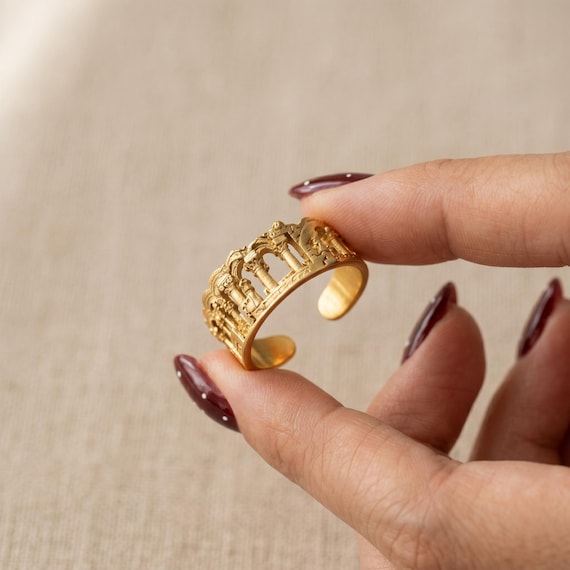 18K Gold Plated Roman Architecture Ring, Ancient Temple Ruins Band, Greek Column Open Adjustable Ring, Historical Art Statement Jewelry Gift