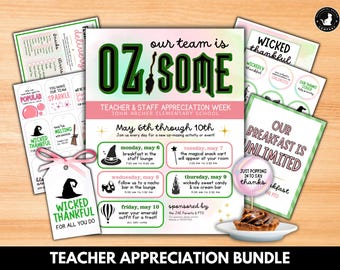 Wizard of Oz Wicked Teacher Appreciation Week Flyer Bundle | Gift Tags, Signs, Buffet Cards, Banners, Door Hanger (Canva Template)