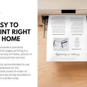 May include: A white printer is shown printing a document with text and images. The text reads "Easy to Print Right at Home" and lists materials needed for a design project, including staples, scissors, and cardstock.