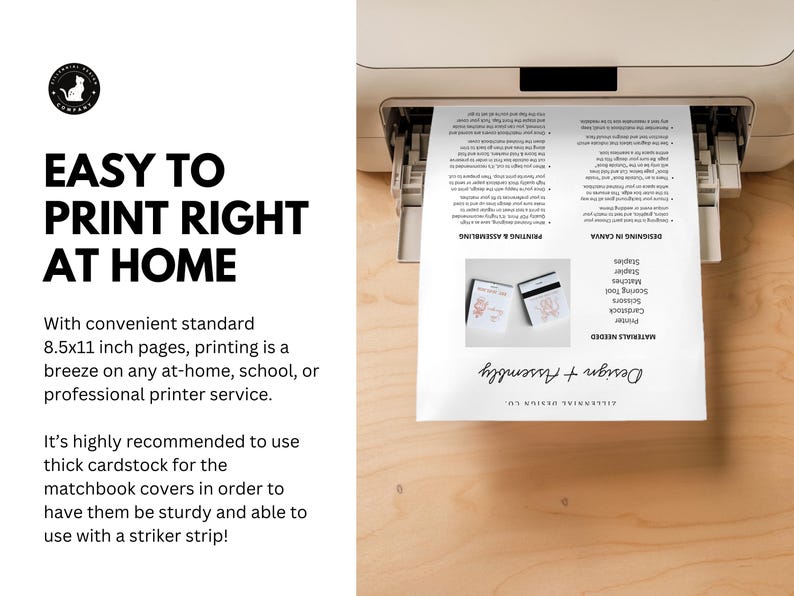 May include: A white printer is shown printing a document with text and images. The text reads "Easy to Print Right at Home" and lists materials needed for a design project, including staples, scissors, and cardstock.