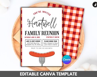 Familientreffen-Einladung: BBQ-Gingham-Design (bearbeitbare Canva-Vorlage)