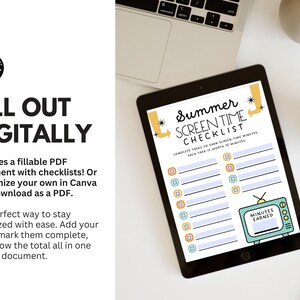 May include: A digital printable checklist for summer screen time. The checklist is on a tablet with a black frame. The checklist has a yellow and blue color scheme with a cartoon television and the text "Summer Screen Time Checklist". The text "Complete tasks to earn screen time minutes. Each task is worth 10 minutes." is below the title. The checklist has a section for "Minutes Earned".