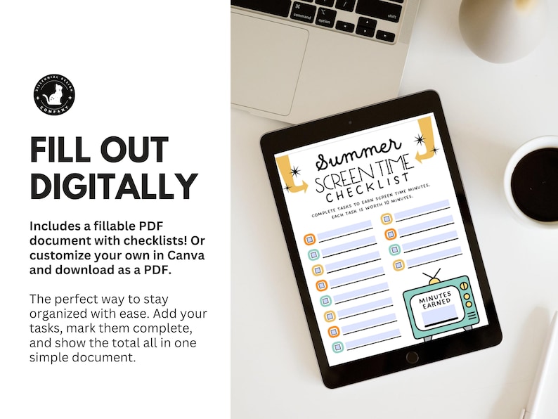 May include: A digital printable checklist for summer screen time. The checklist is on a tablet with a black frame. The checklist has a yellow and blue color scheme with a cartoon television and the text "Summer Screen Time Checklist". The text "Complete tasks to earn screen time minutes. Each task is worth 10 minutes." is below the title. The checklist has a section for "Minutes Earned".