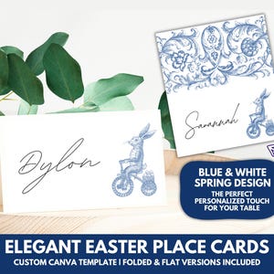 Chinoiserie Pasen-plaatskaarten naamkaartjes bewerkbare canvassjabloon aangepaste afdrukbare | Blauwwitte Tentkaarten Lentebloemen Coquette Pasen