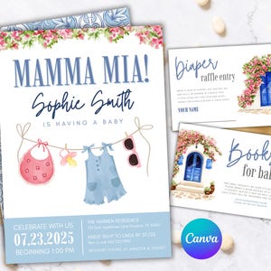 Mamma Mia Baby Shower Einladung Set Canva Template | Windel-Bücher für Baby-Einsatzkarten-Reihe Blaue Baby-Dusche laden Digital ein