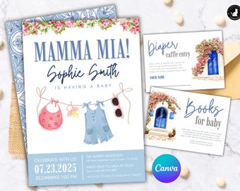 Mamma Mia Baby Shower Invitation Suite: ABBA Bougainvillea Theme Books for Baby Diaper Raffle Insert Cards Canva Template (Digital Download