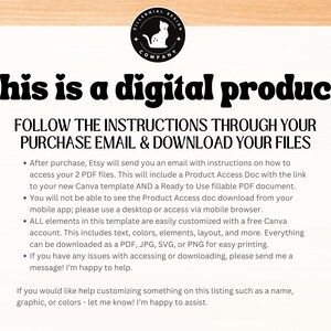 May include: A digital product listing with instructions on how to access and download files after purchase. The listing includes a cat logo and the text "this is a digital product".
