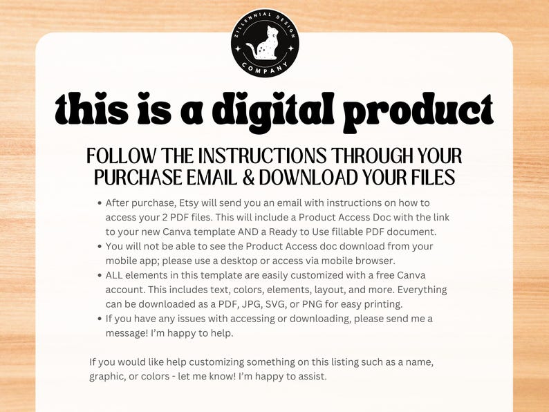 May include: A digital product listing with instructions on how to access and download files after purchase. The listing includes a cat logo and the text "this is a digital product".
