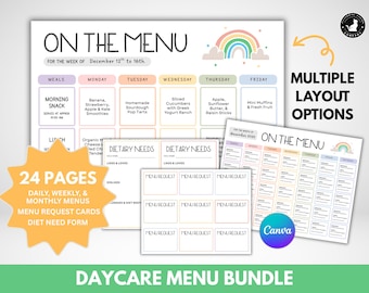 May include: A printable daycare menu bundle with 24 pages. The bundle includes daily, weekly, and monthly menus, menu request cards, and a diet need form. The menu templates feature a rainbow design and the text "On the Menu".
