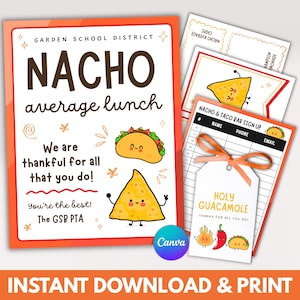 Puede incluir: Un conjunto de letreros y formularios imprimibles con temática de nachos y tacos. El letrero principal dice "NACHO average lunch" con nachos y tacos de dibujos animados. Otros elementos incluyen una hoja de inscripción y una etiqueta "Holy Guacamole".