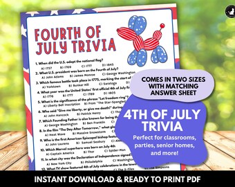 4th of July Trivia Game with Answers: Printable Patriotic Independence Day Activity (PDF)
