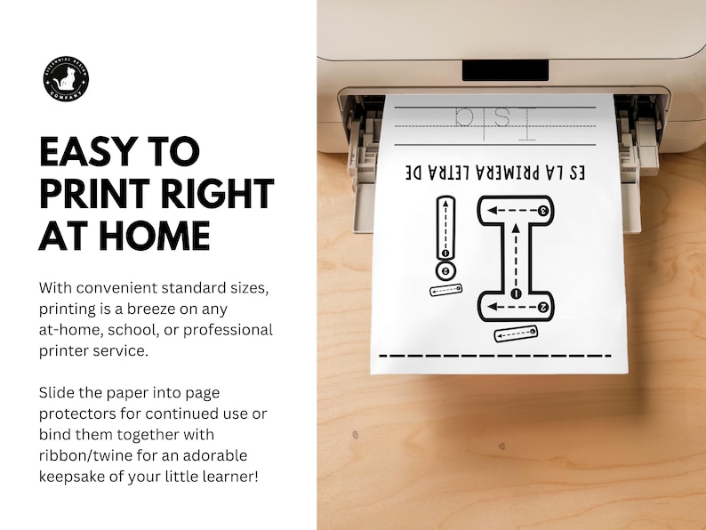 May include: A white sheet of paper with the Spanish text "ES LA PRIMERA LETRA DE" and a large letter "I" with directional arrows, printed from a white printer. The image also includes the text "EASY TO PRINT RIGHT AT HOME".